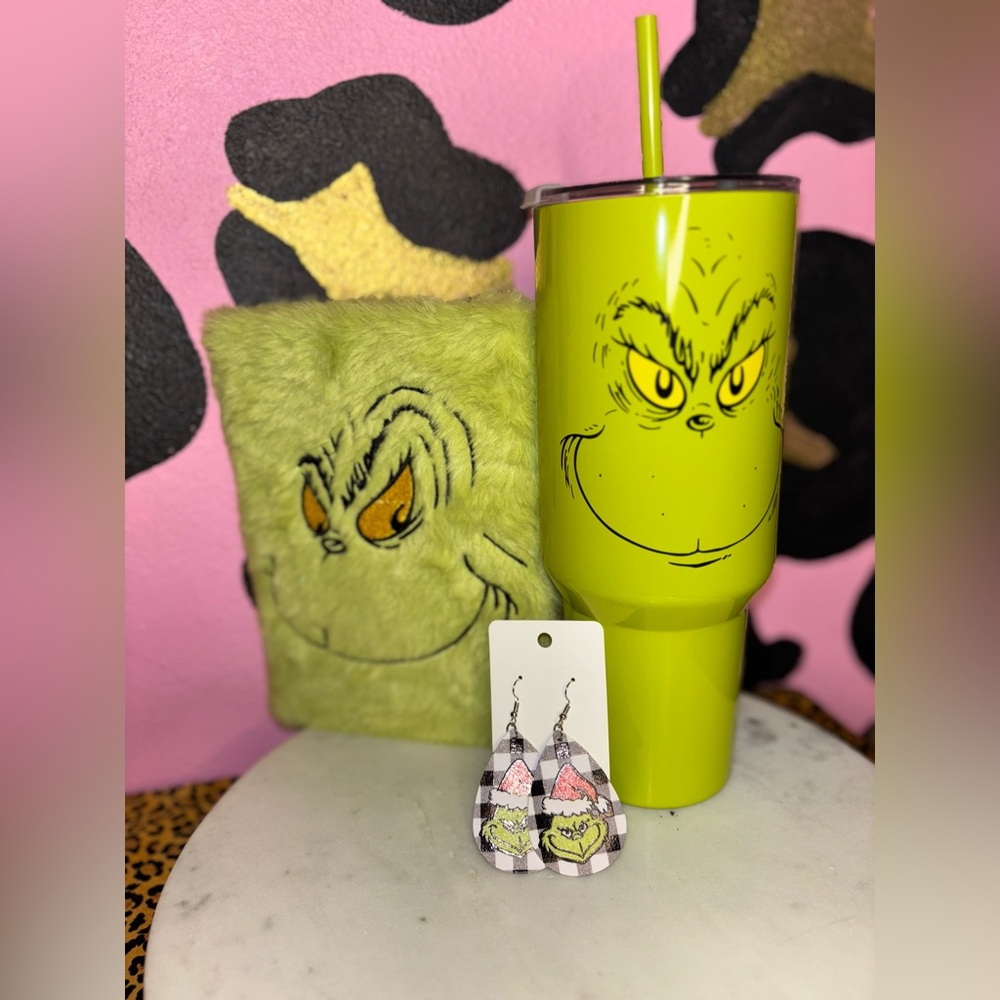 Grinch Green Tumbler with Straw, Earrings & notebook - Picture 2 of 6